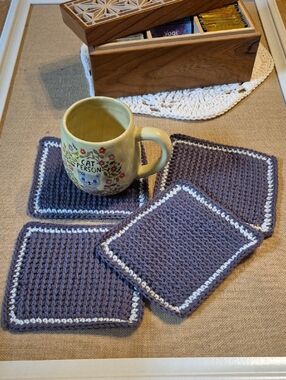 Set Of Four Handmade Mug Rug | Crochet Coaster 100% Cotton • Approx 5"x6"